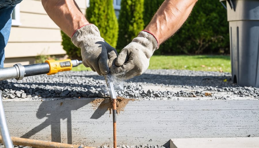 Gloved hands sealing a small gap around an exterior utility pipe with steel wool while holding a caulk gun at a house foundation; blurred background shows gravel border, trimmed shrubs, a lidded metal trash bin, and snap traps along a fence.