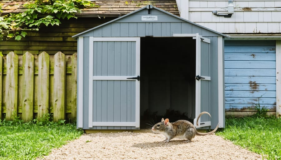 Hands sealing gap under shed door with steel wool and caulk for rodent prevention