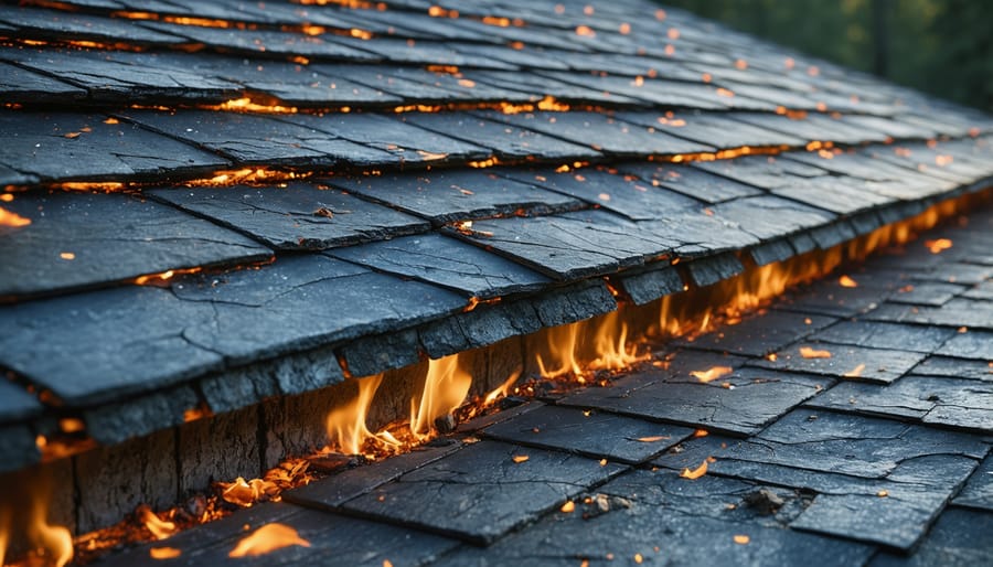 Homeowner sealing gaps in shed roof to prevent ember entry