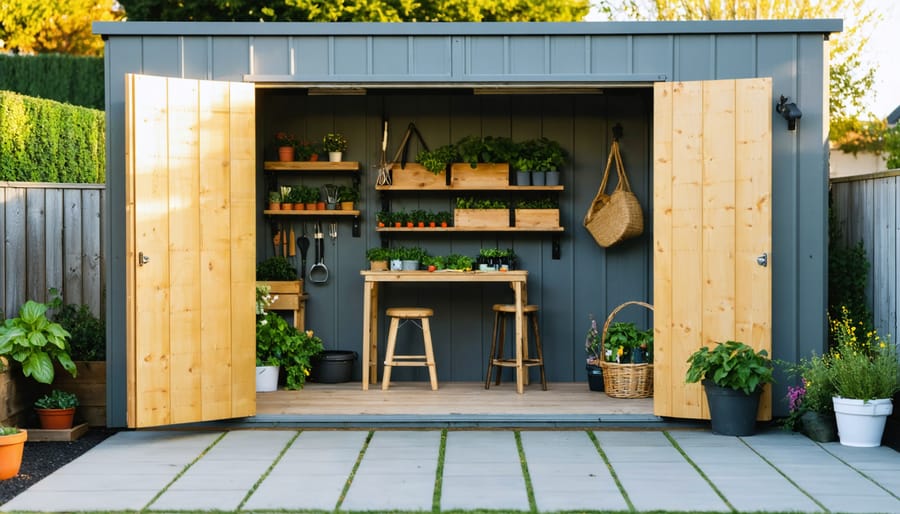 Extension shed attached to a modern home with doors open, showing modular shelving, a potting bench with seedlings, foldable chairs, baskets of produce, and compact woodworking tools, with a softly blurred backyard in the background.