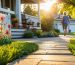 Weather-resistant seasonal yard sign with colorful, text-free floral artwork beside a walkway in a neat suburban front yard at golden hour; porch, potted plants, and extra sign panels on a bench softly blurred in the background.