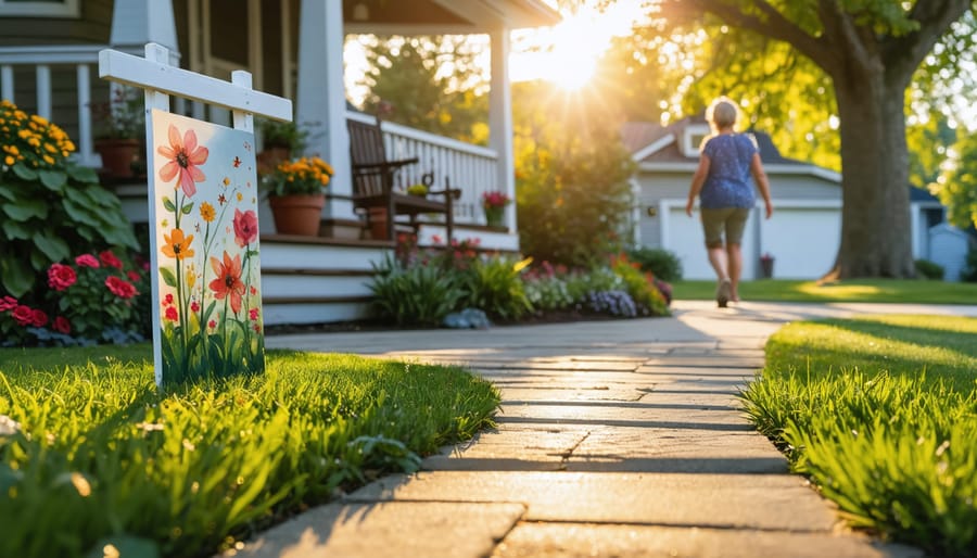 Weather-resistant seasonal yard sign with colorful, text-free floral artwork beside a walkway in a neat suburban front yard at golden hour; porch, potted plants, and extra sign panels on a bench softly blurred in the background.
