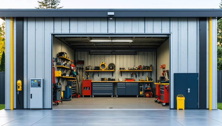 Organized workshop shed interior with automated door opener and secure tool storage