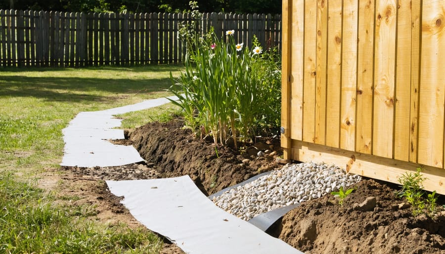Eye-level wide shot of a wooden backyard shed beside a gravel-filled trench with a visible perforated pipe, soil graded away from the foundation, and a small rain garden of native plants in the background on a damp lawn.