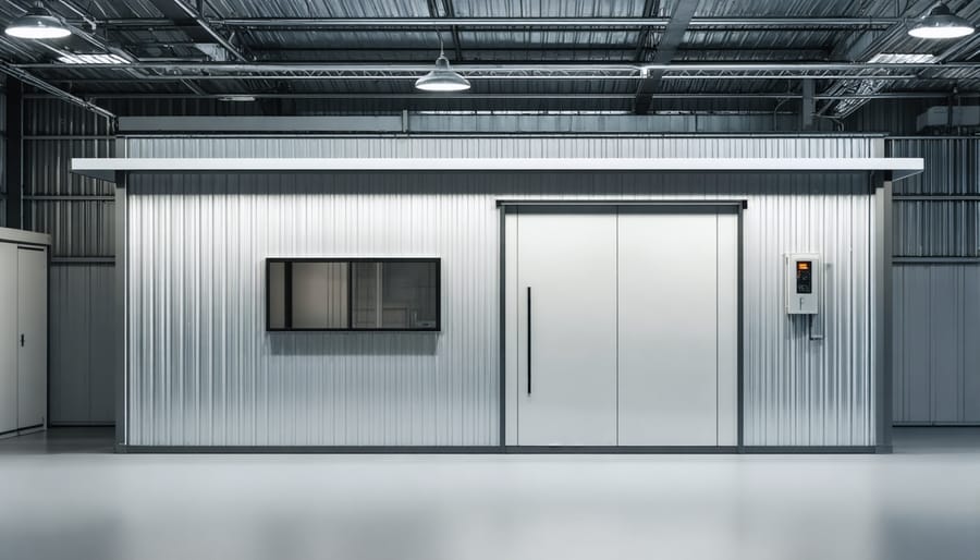 Electrician installing overhead lighting in shed ceiling for business use