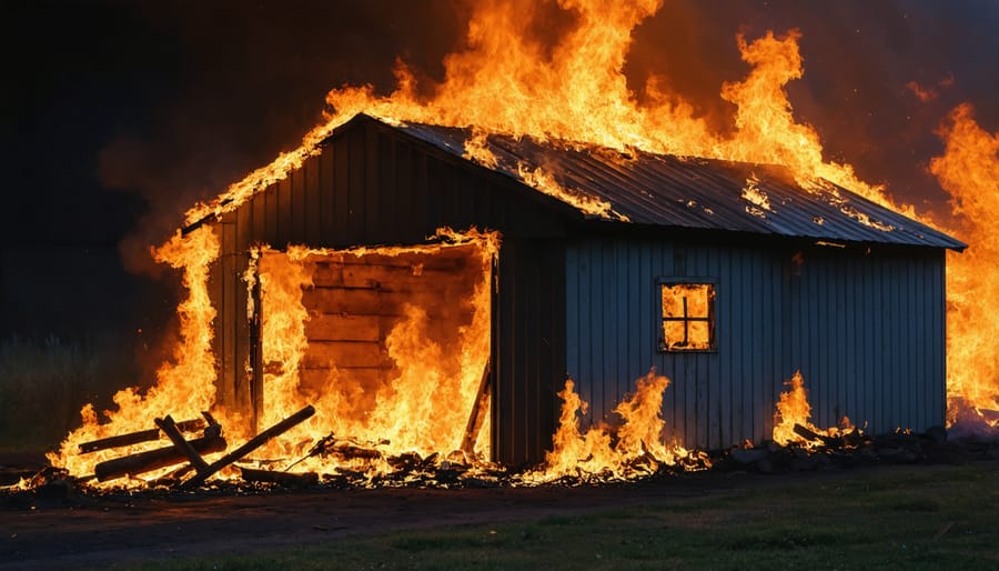 Wooden storage shed on fire with flames and smoke visible