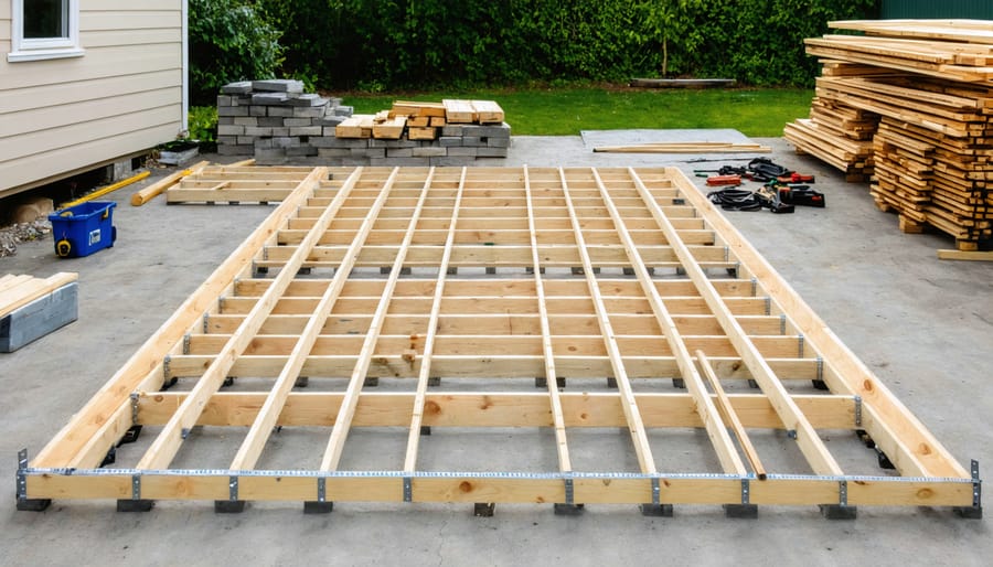 Pressure-treated shed floor frame with evenly spaced joists on concrete block piers in a backyard, photographed from a 45-degree angle under soft overcast light, with a blurred house, tools, and stacked boards in the background.