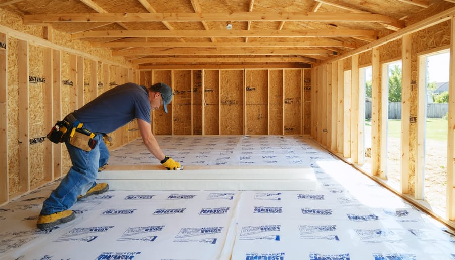 DIY homeowner kneeling in a wooden shed, fitting rigid foam insulation between exposed floor joists over a clear vapor barrier, with soft daylight from an open door and a blurred tool wall and garden in the background.