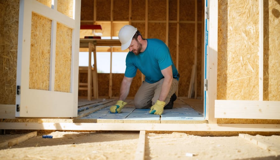 Homeowner kneeling in a wooden shed, placing rigid foam boards between exposed floor joists under an open floor section, with natural daylight from an open door and a blurred workbench and garden in the background
