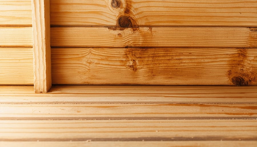 Storage boxes and tools showing moisture damage and condensation on uninsulated shed floor