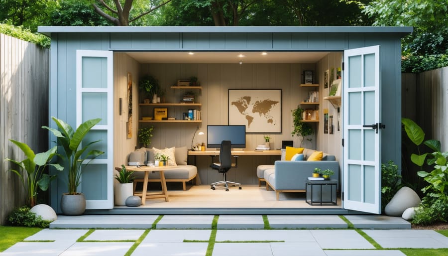 Shed interior showing organized zones with workbench area and separate relaxation corner with seating