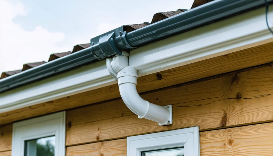 Rain gutter and downspout system installed on garden shed