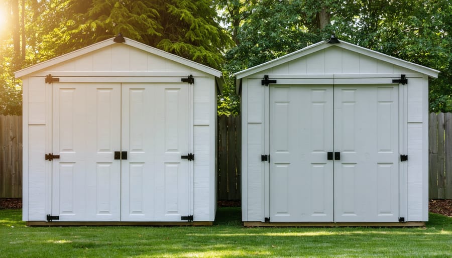 Homeowner conducting routine maintenance inspection of shed roof with clipboard