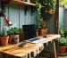 Converted backyard shed office with a live-edge wood desk, small tabletop fountain, terracotta planters, brushed steel organizers, copper plant holder, amber lamp, reclaimed wood shelves, jute rug, and soft daylight from a side window.