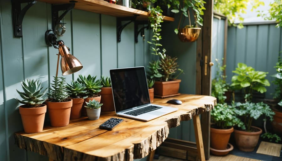 Converted backyard shed office with a live-edge wood desk, small tabletop fountain, terracotta planters, brushed steel organizers, copper plant holder, amber lamp, reclaimed wood shelves, jute rug, and soft daylight from a side window.