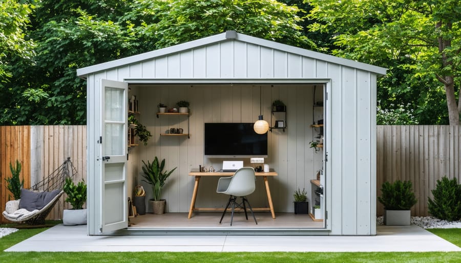 Person working on laptop in backyard shed office workspace