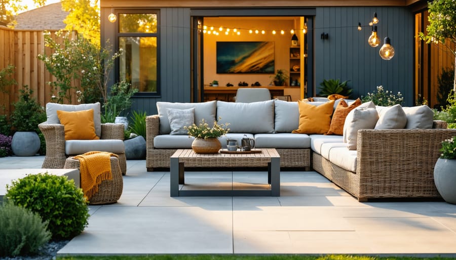 Outdoor living room beside a modern backyard shed with teak sofa, wicker lounge chair, lift-top aluminum coffee table, and a storage bench, photographed at golden hour.
