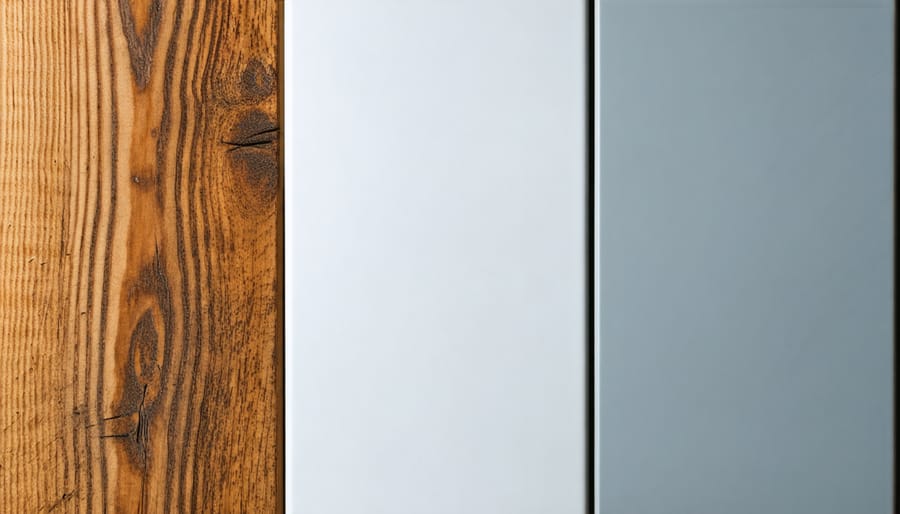 Close-up comparison of cedar wood, corrugated metal, and vinyl shed wall panel materials