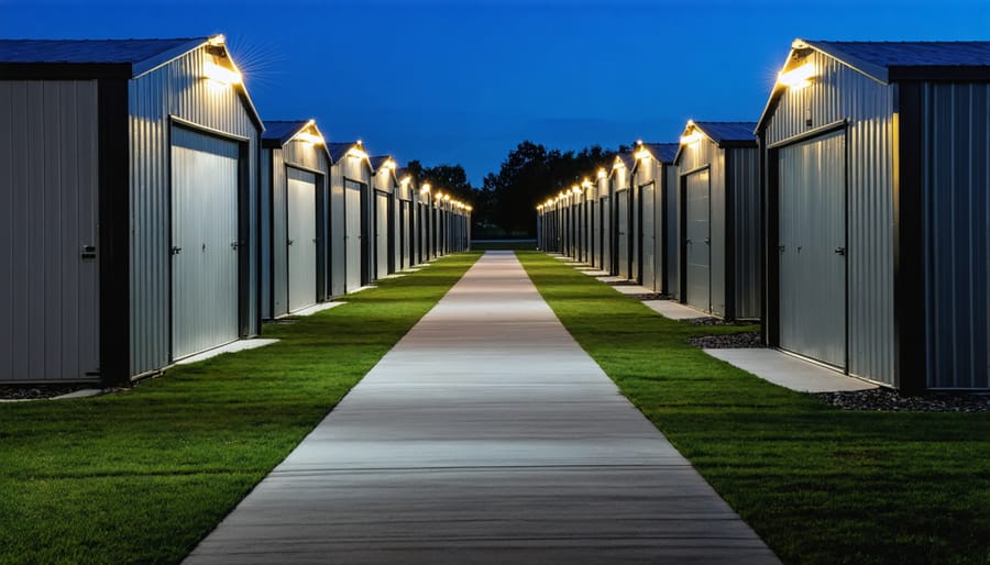 Illuminated gravel pathway with lighting between two storage sheds at dusk