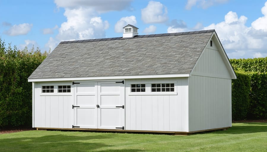 Various shed roofing materials including asphalt shingles, metal panels, and roll roofing displayed together