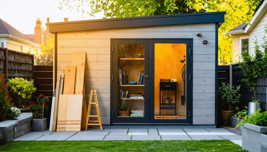 Modern backyard shed with wood-look composite cladding and subtle metal trim at golden hour, with a sawhorse holding various unlabeled siding samples in the foreground and a softly blurred garden and fence behind.