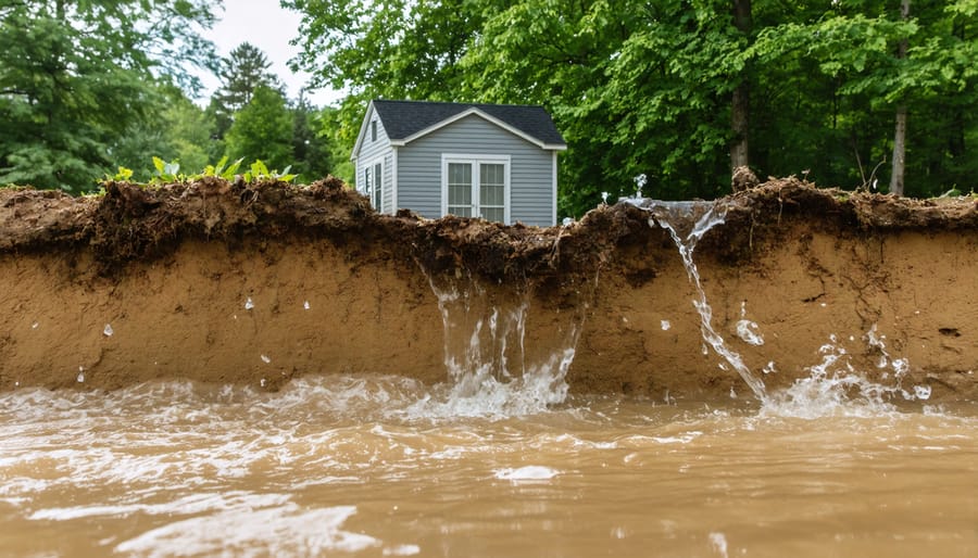 Water pooling around wooden shed foundation showing drainage problems