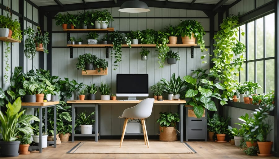 Modern shed workspace with wooden desk, plants, and natural lighting through large window