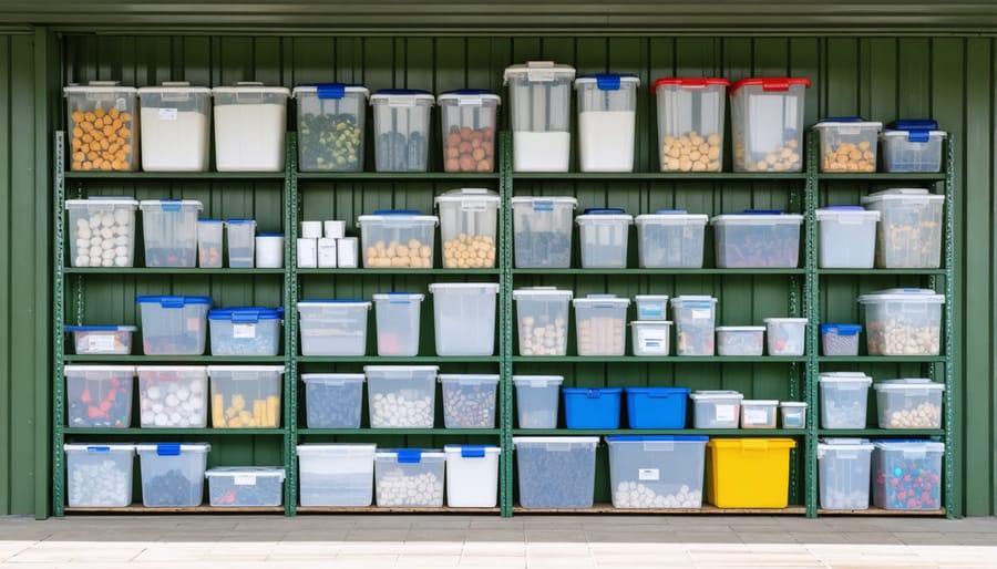 Metal shelving unit with organized clear and opaque storage bins in shed