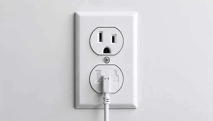 Close-up of properly placed electrical outlets in workshop with power tools plugged in