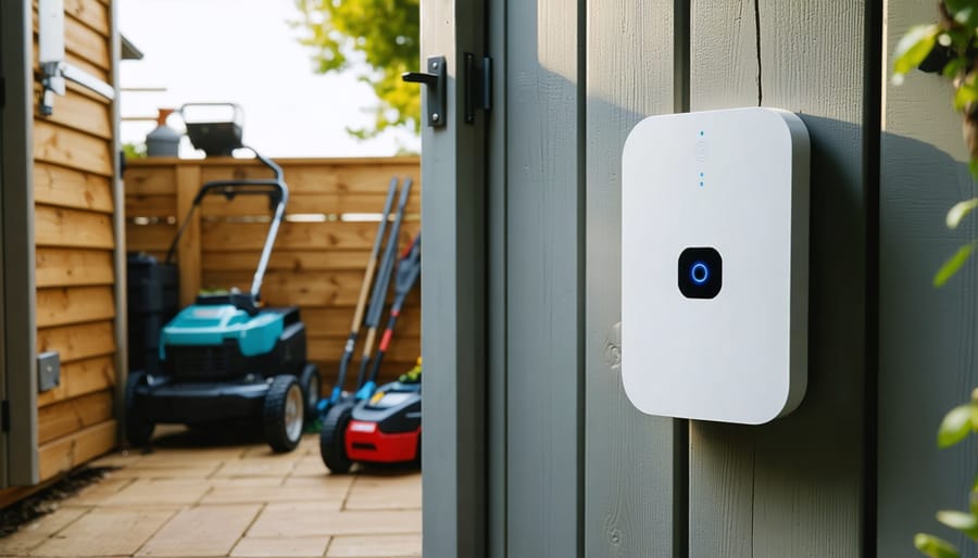 Smart access hub mounted on a wooden shed wall next to an automated door track, warm sunlight illuminating the interior, with organized lawn tools and a mower softly blurred in the background.