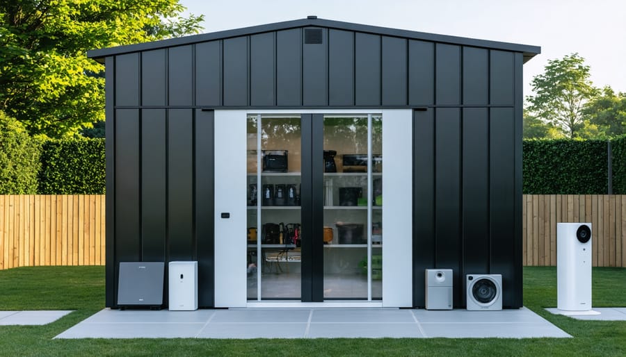Garden shed with mounted smart security camera, motion sensor lights, and Wi-Fi equipment