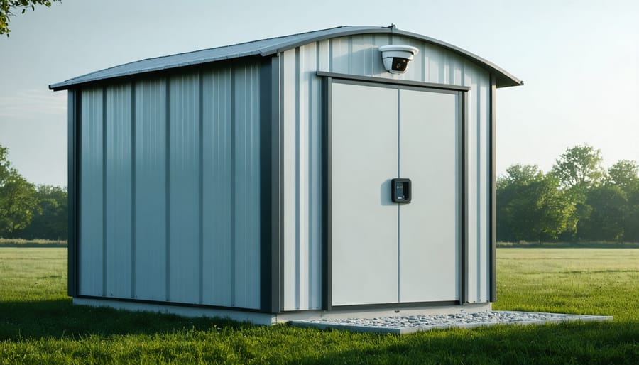 Garden shed with smart security camera, electronic lock, and climate control devices installed