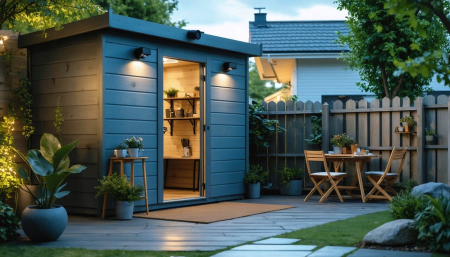 Modern wooden garden shed at dusk with smart security camera and motion-sensor lights, warm interior glow, and a garden path leading past plants toward a suburban home.