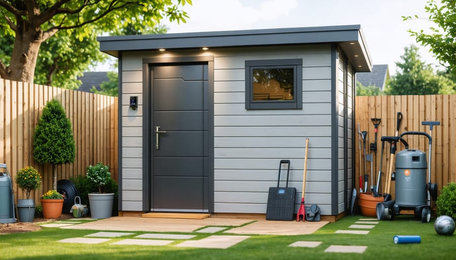 Modern garden shed exterior with a small outdoor security camera above the door, a keyless smart deadbolt, and a discreet climate sensor, shot at eye level with soft daylight and a blurred garden background.