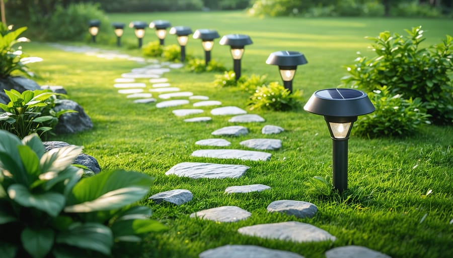 Solar pathway lights illuminating stone walkway to garden shed during evening twilight