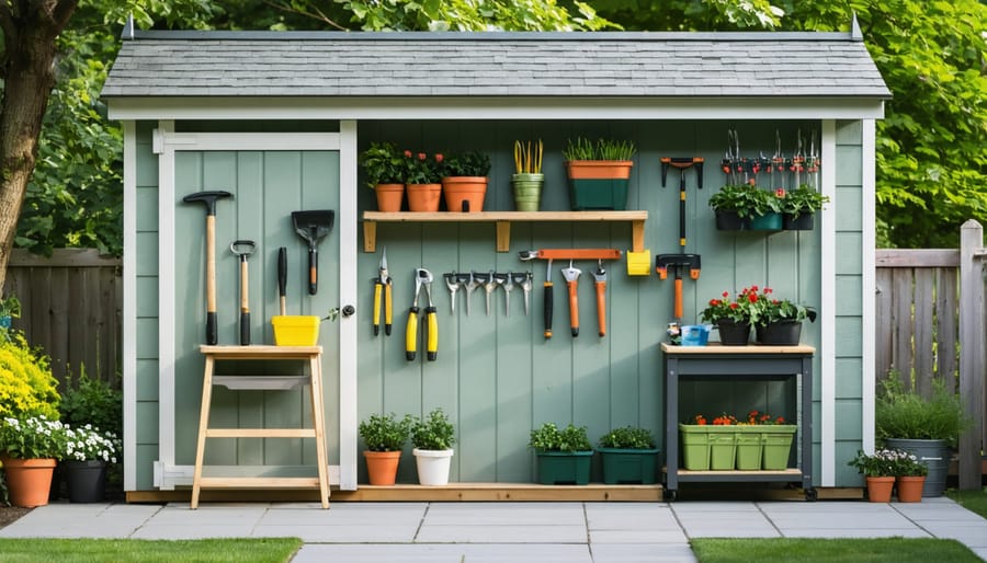 Extension shed interior set up as organized gardening workspace with potting bench and supplies
