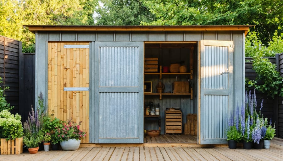 Partially built backyard shed with reclaimed wood walls, recycled corrugated metal roof, and bamboo shelves visible through the doorway, shot at eye level in golden-hour light with garden beds and trees in the background.