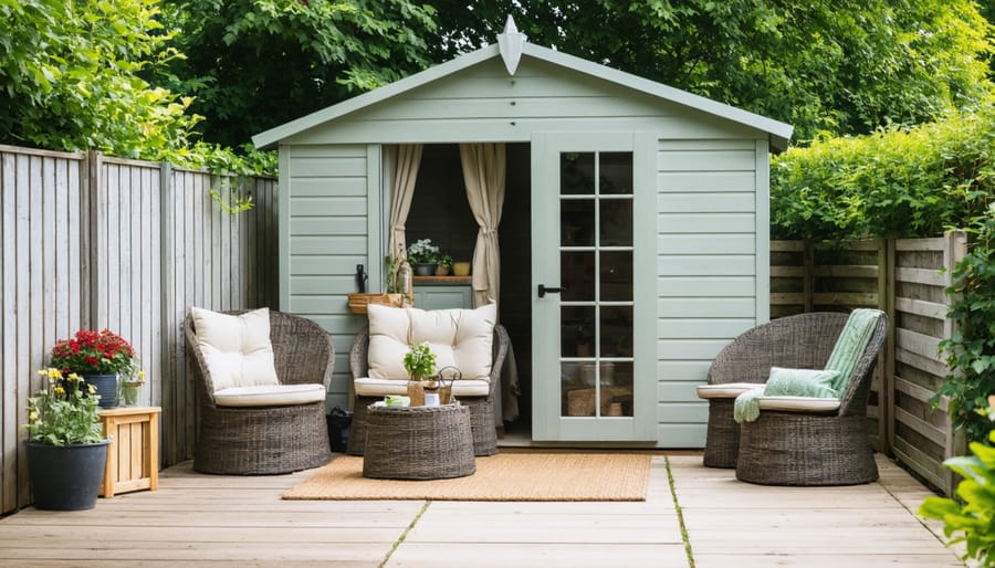 Cozy shed interior with wicker chair, side table, and plants creating a comfortable living space