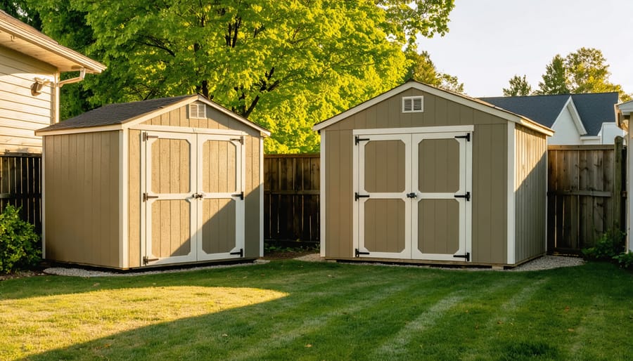 Oblique aerial view of a suburban backyard with two wooden storage sheds spaced several feet apart on a lawn, with house, driveway, garden beds, and trees in soft golden hour light.
