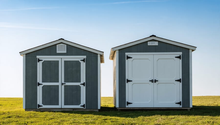 Aerial view of backyard with two wooden storage sheds properly spaced on lawn