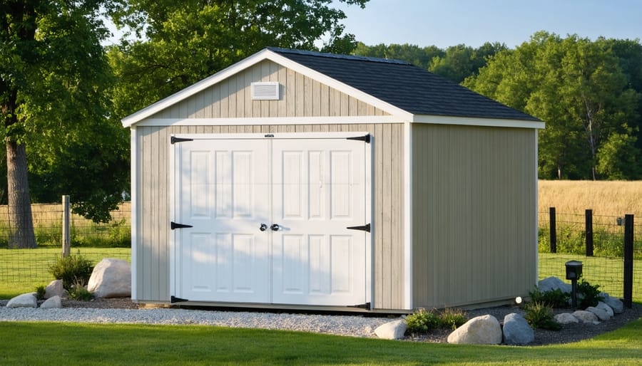 Person holding smartphone with smart home control app for shed management