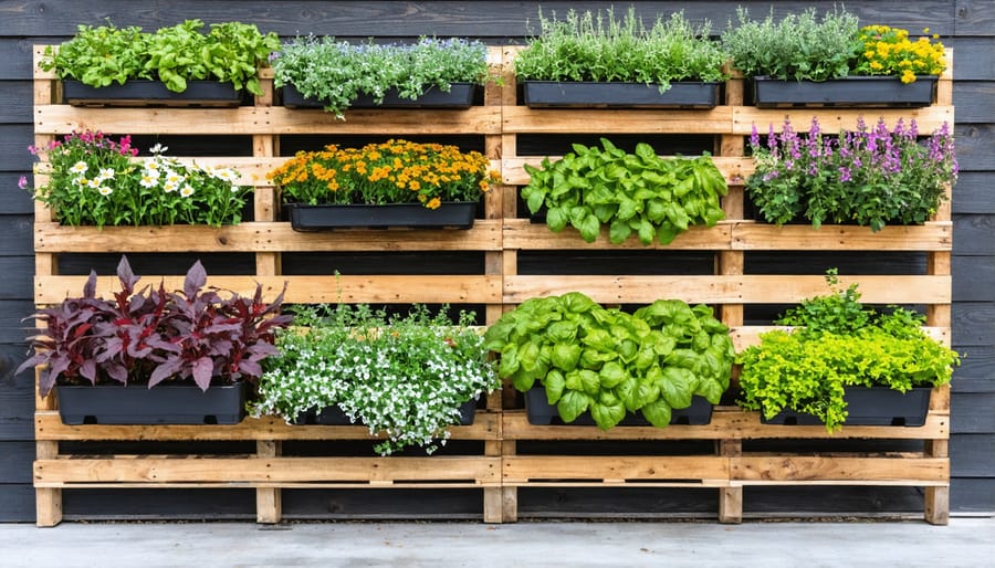 Vertical garden made from repurposed pallet with herbs and flowers growing in pockets