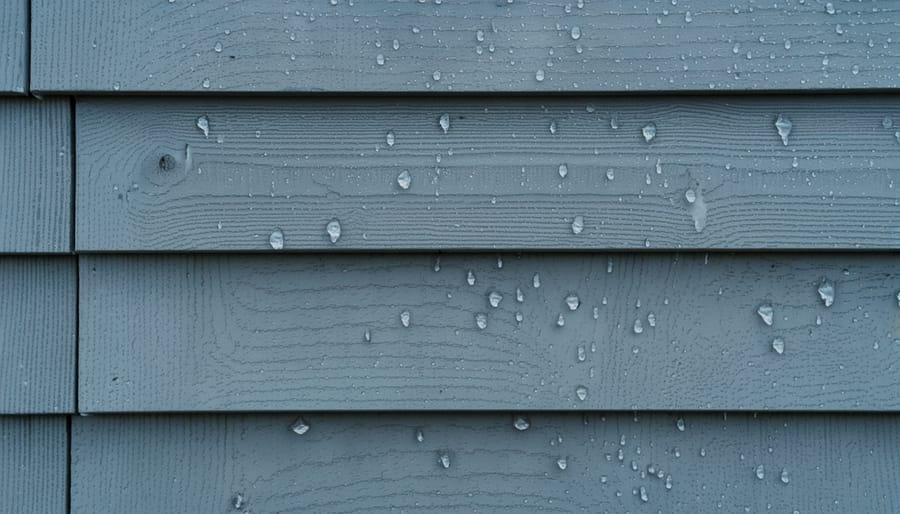 Close-up of a weatherproof 4x8 panel being screwed onto a timber-framed backyard shed, with water droplets on the surface and a blurred yard, tools, and stormy sky in the background