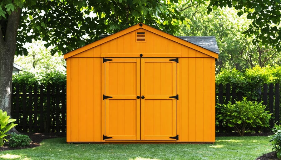 Completed storage shed with weatherproof siding in excellent condition in backyard setting