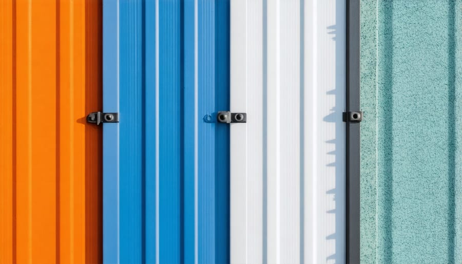 Various weatherproof 4x8 building sheets including plywood and fiber cement displayed outdoors