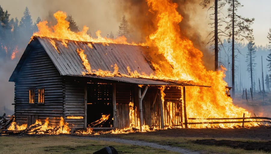 Glowing wildfire embers floating above residential shed roof in smoky conditions