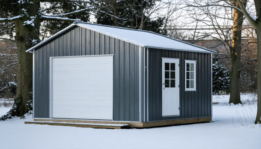 Insulated extension shed converted to heated winter workshop with workbench and tools