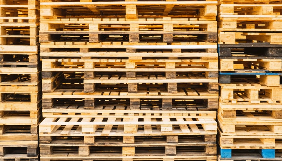 Stack of wooden shipping pallets showing construction details and HT treatment stamps