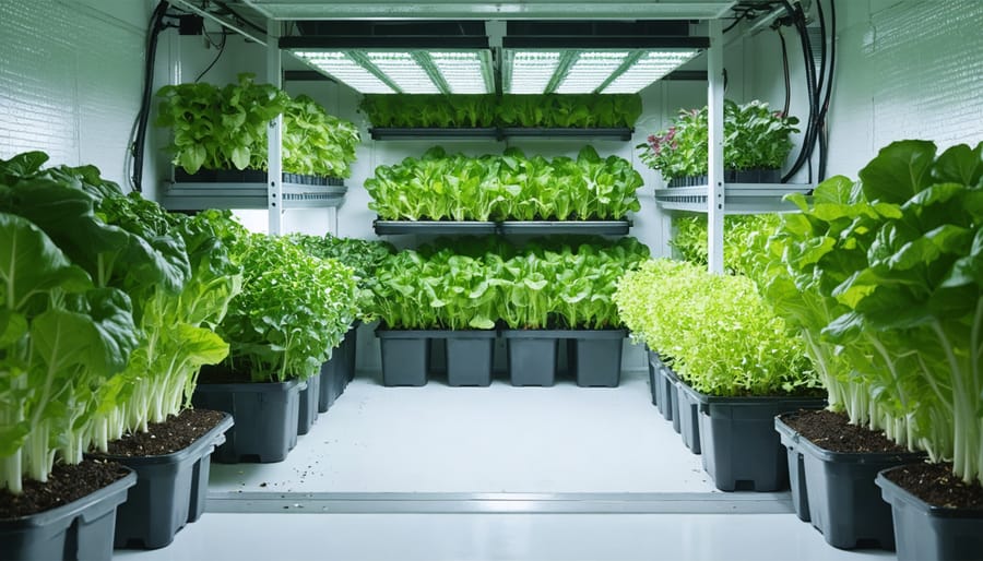 Interior of a converted storage shed outfitted with vertical hydroponic racks growing leafy greens under LED lights, with nutrient reservoirs, tidy tubing, reinforced floor, and a small exhaust fan visible near the ceiling.