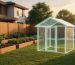 Semi-transparent holographic shed model on a suburban backyard lawn near garden beds and a wooden fence at golden hour, with the house and patio softly blurred in the background.